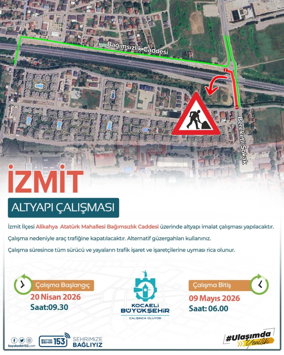 İzmit Bağımsızlık Caddesi Trafiğe 20 Gün Kapalı Olacak
