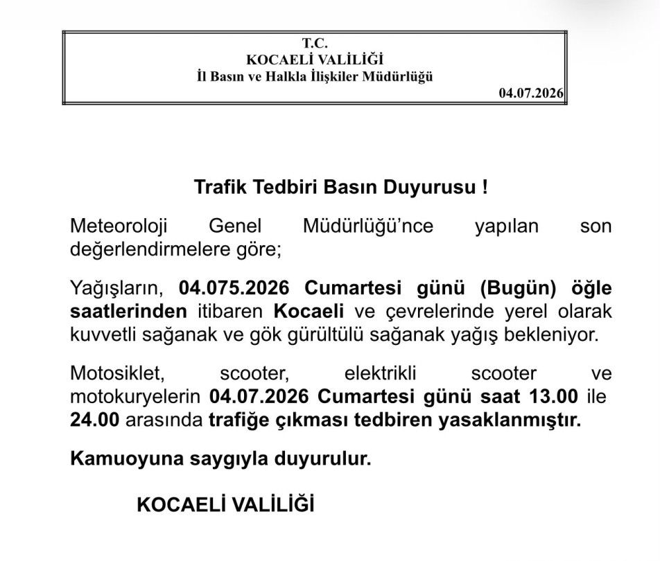 Kocaeli'de Olumsuz Hava Nedeniyle Motokuryelere Trafiğe Çıkma Yasağı