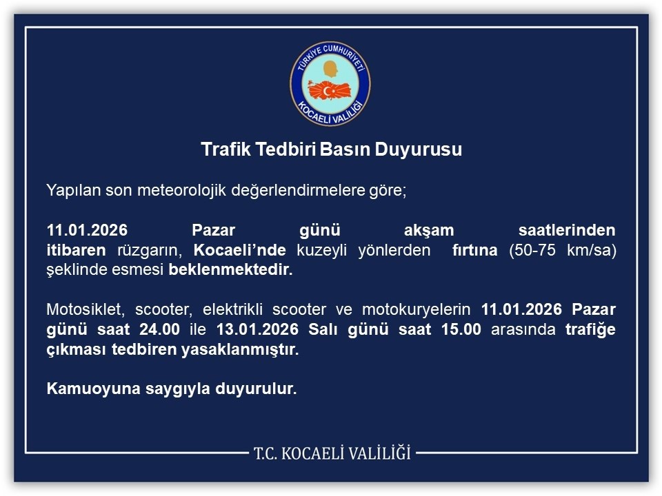 Kocaeli’de fırtına tedbiri: Motosiklet ve motokuryelere geçici trafik yasağı
